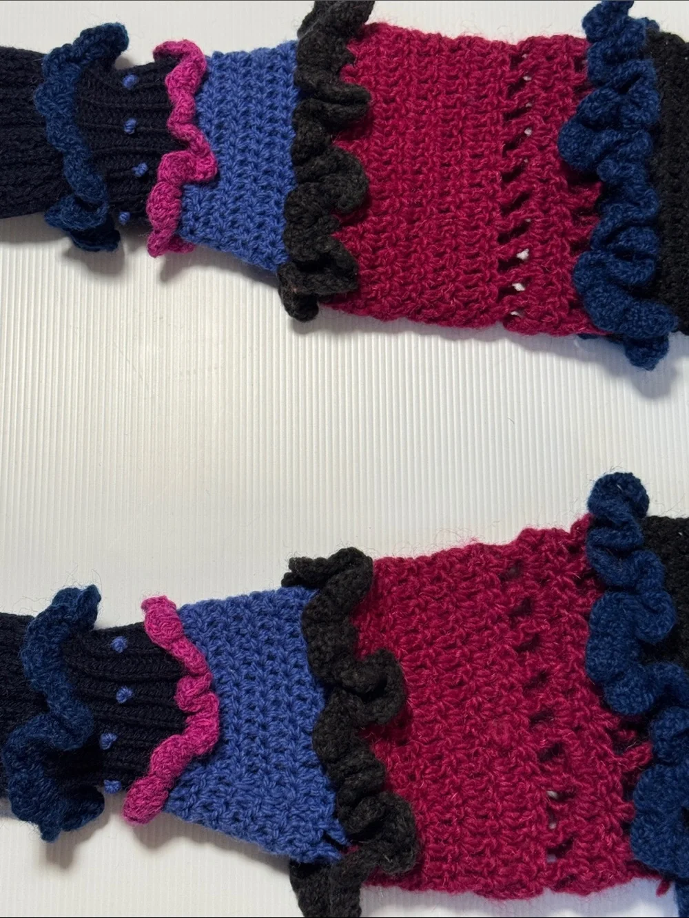 Handmade Mittens Ruffled Crochet Above Elbow Arm Warmers Black Blue Fuchsia